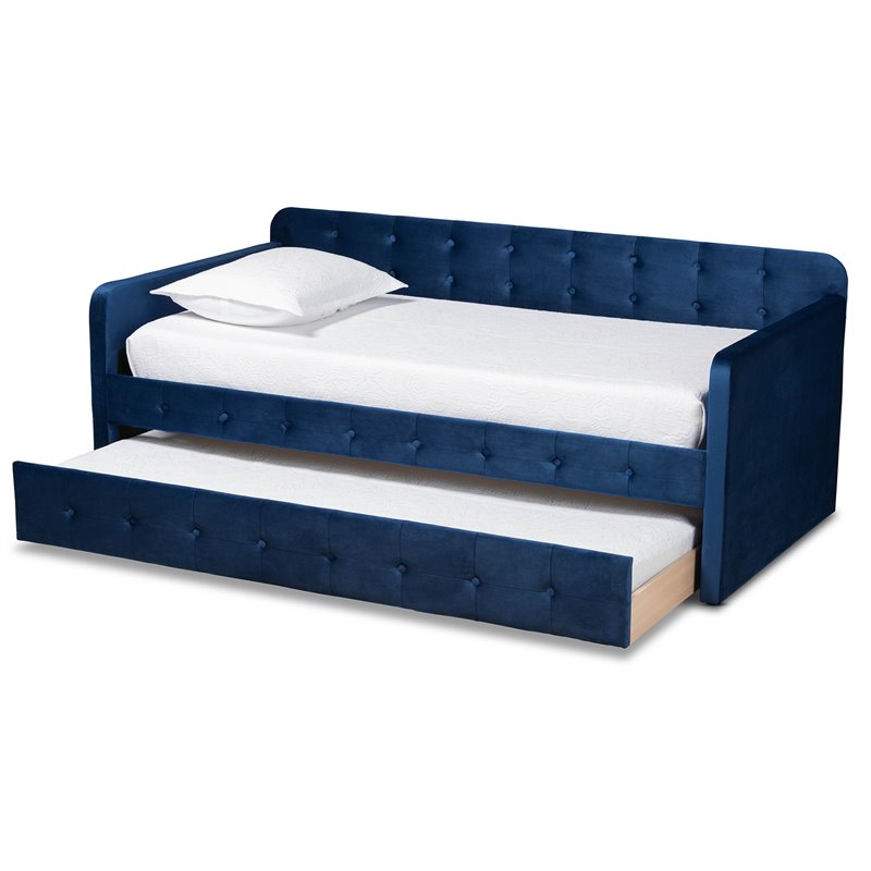 Bowery Hill Navy Blue Velvet Upholstered Twin Size Daybed with Trundle