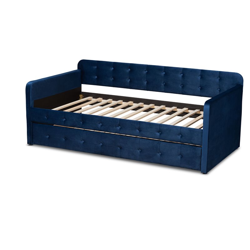 Bowery Hill Navy Blue Velvet Upholstered Twin Size Daybed with Trundle