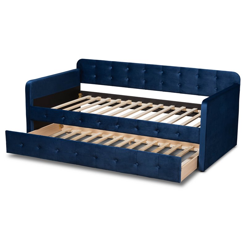 Bowery Hill Navy Blue Velvet Upholstered Twin Size Daybed with Trundle