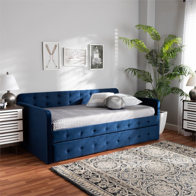 Bowery Hill Navy Blue Velvet Upholstered Twin Size Daybed with Trundle