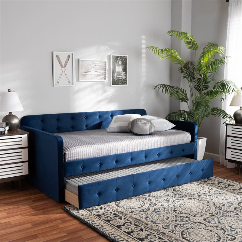 Bowery Hill Navy Blue Velvet Upholstered Twin Size Daybed with Trundle