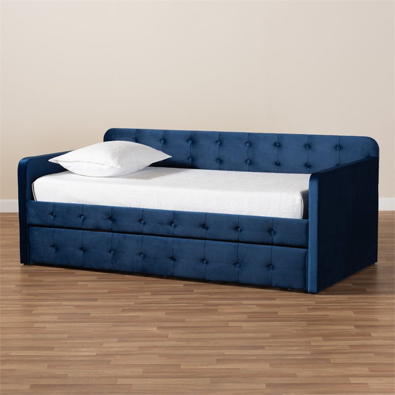 Bowery Hill Navy Blue Velvet Upholstered Twin Size Daybed with Trundle