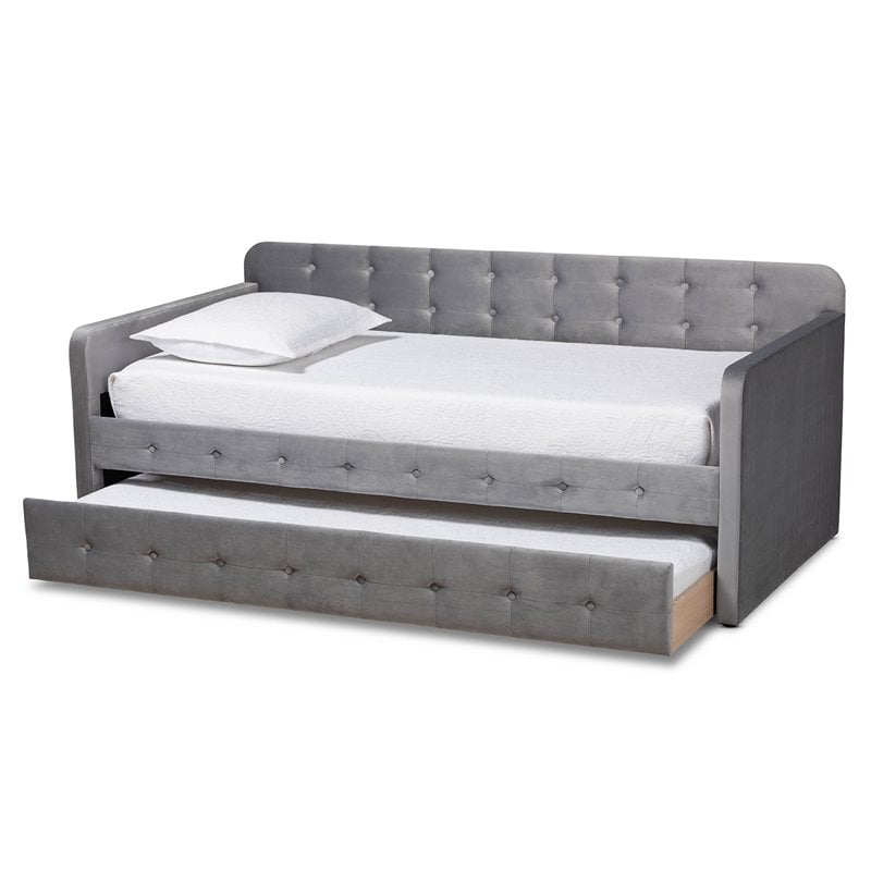 Bowery Hill Gray Velvet Upholstered Twin Size Daybed with Trundle