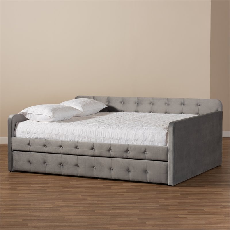 Bowery Hill Transitional Velvet Upholstered Full Size Daybed w/ Trundle in Gray