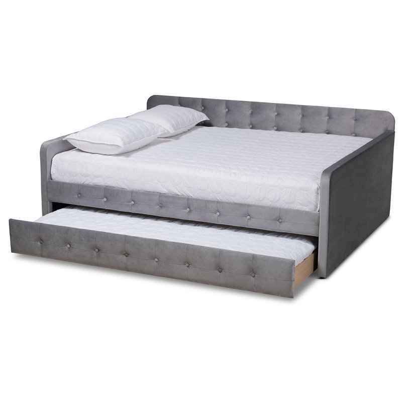 Bowery Hill Transitional Velvet Upholstered Queen Size Daybed w/ Trundle in Gray