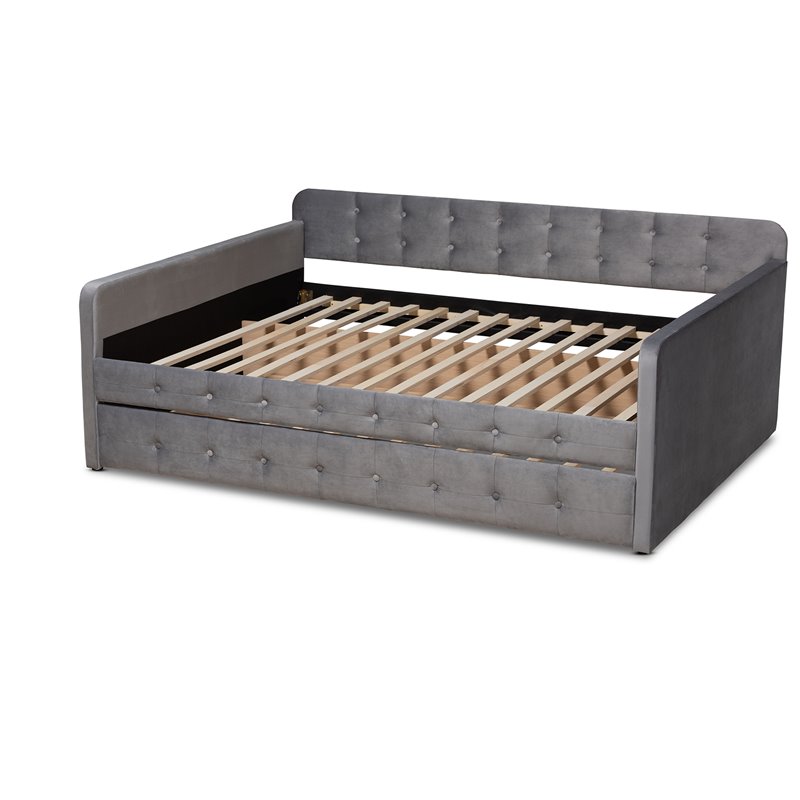 Bowery Hill Transitional Velvet Upholstered Queen Size Daybed w/ Trundle in Gray