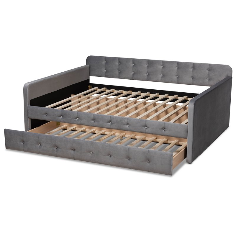 Bowery Hill Transitional Velvet Upholstered Queen Size Daybed w/ Trundle in Gray