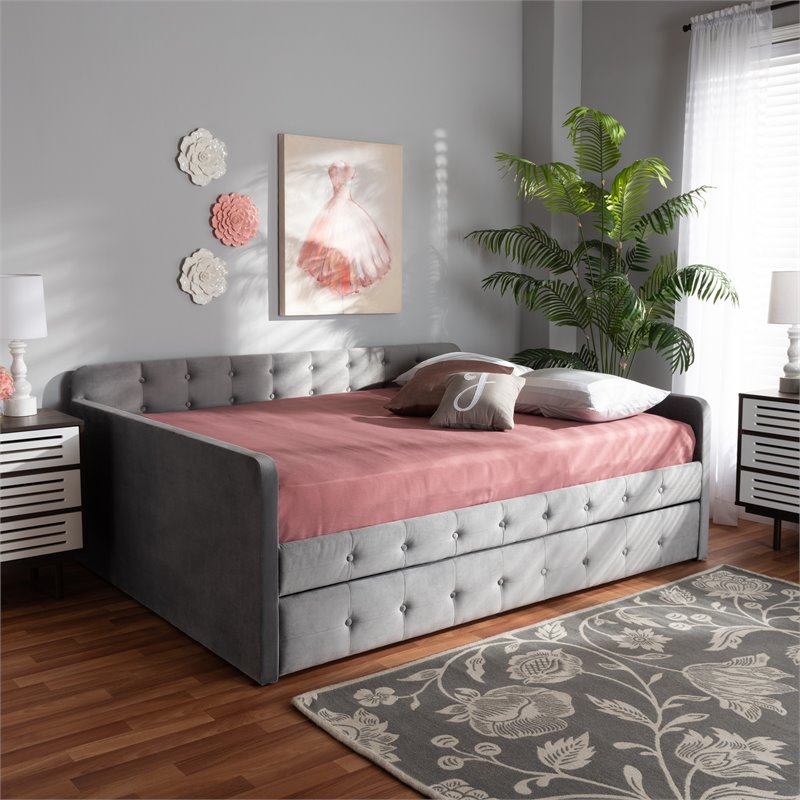 Bowery Hill Transitional Velvet Upholstered Queen Size Daybed w/ Trundle in Gray