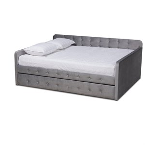 Bowery Hill Transitional Velvet Upholstered Queen Size Daybed w/ Trundle in Gray
