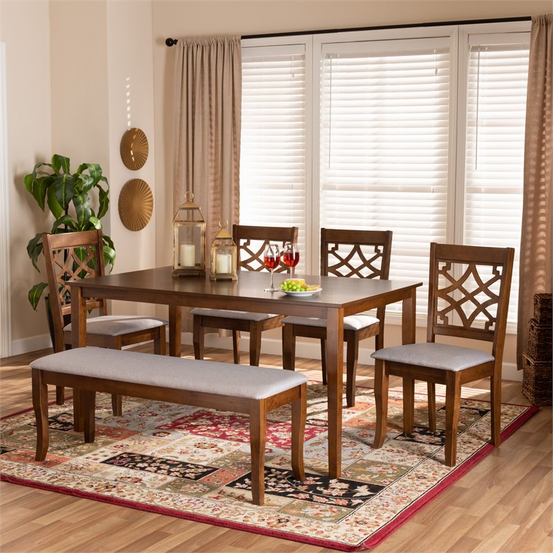 Bowery Hill Gray Fabric and Walnut Finished Wood 6-Piece Dining Set