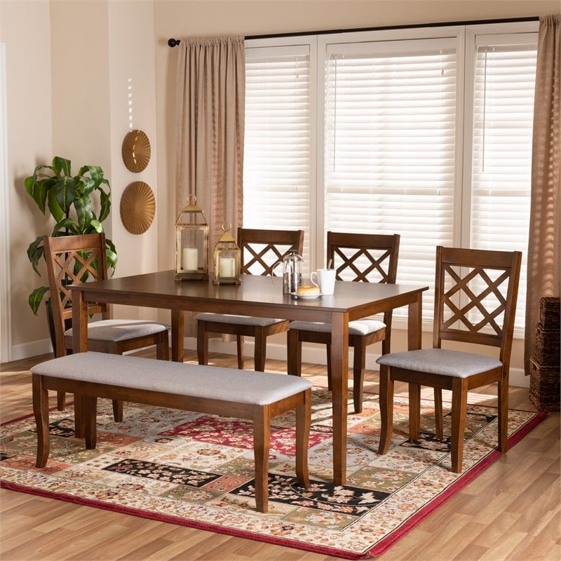 Bowery Hill Gray Fabric and Walnut Finished Wood 6-Piece Dining Set