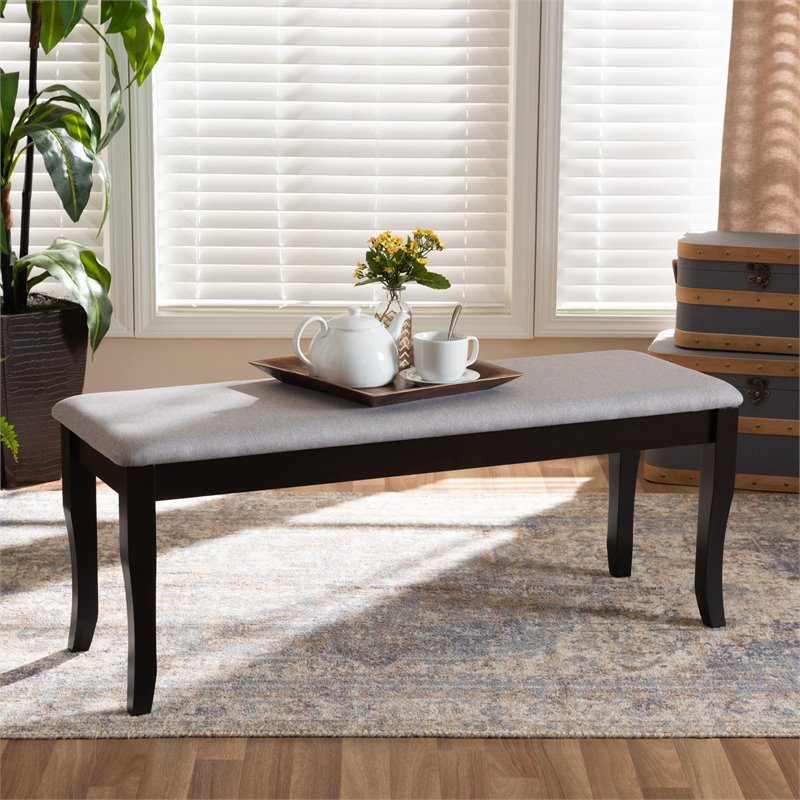 Bowery Hill Transitional Gray Fabric and Dark Brown Finished Wood Dining Bench
