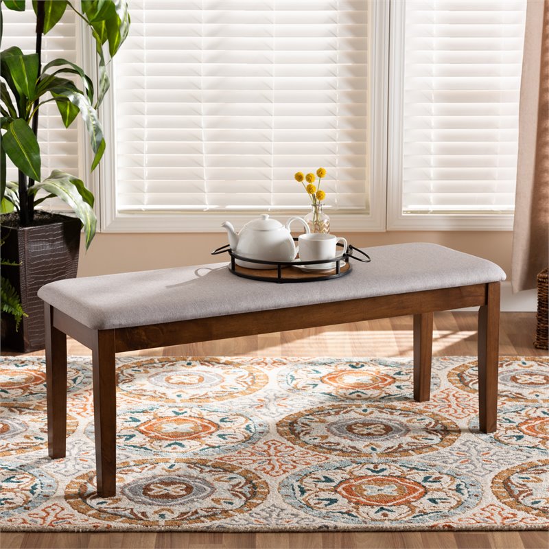 Bowery Hill Gray Fabric and Walnut Finished Wood Dining Bench