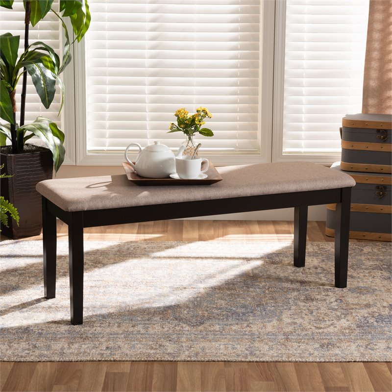 Bowery Hill Sand Fabric and Dark Brown Finished Wood Dining Bench
