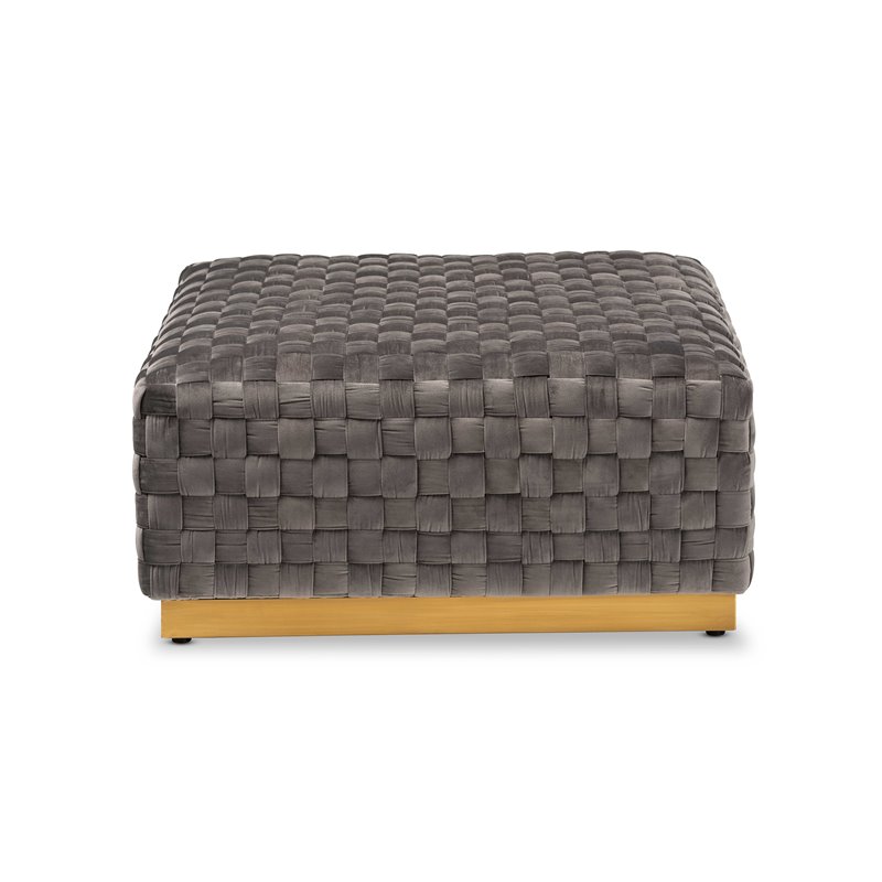 Bowery Hill Gray Velvet Fabric and Gold Finished Square Cocktail Ottoman