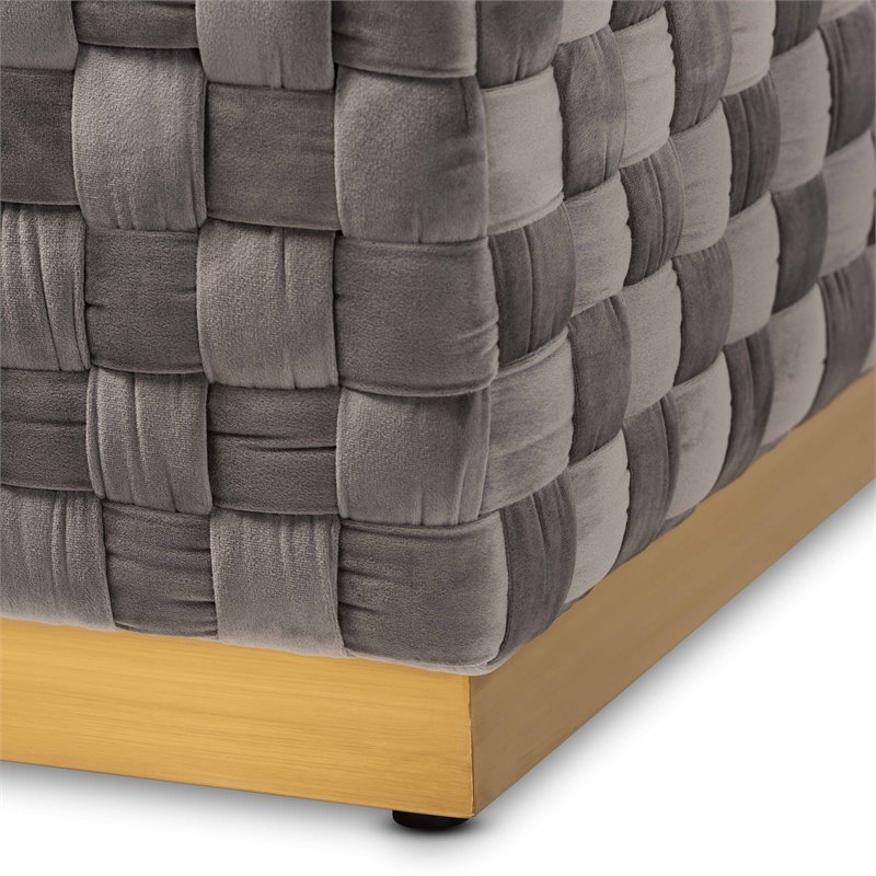 Bowery Hill Gray Velvet Fabric and Gold Finished Square Cocktail Ottoman
