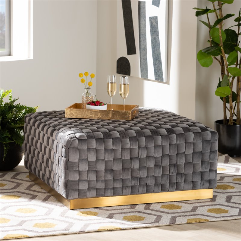 Bowery Hill Gray Velvet Fabric and Gold Finished Square Cocktail Ottoman
