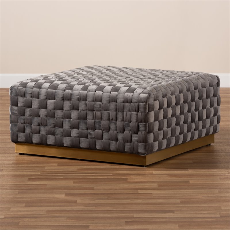 Bowery Hill Gray Velvet Fabric and Gold Finished Square Cocktail Ottoman