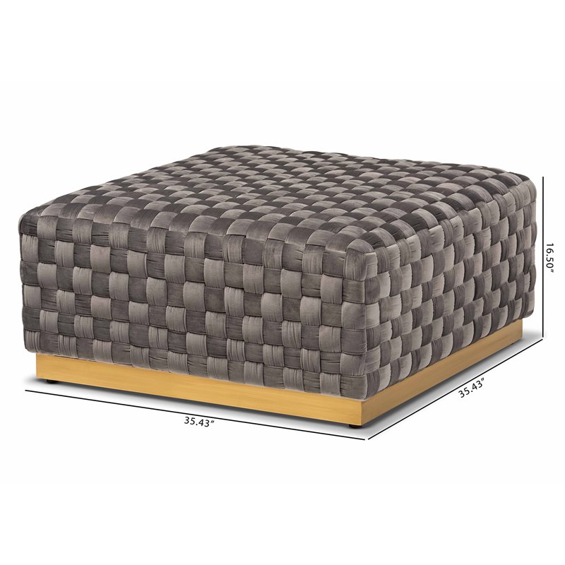 Bowery Hill Gray Velvet Fabric and Gold Finished Square Cocktail Ottoman