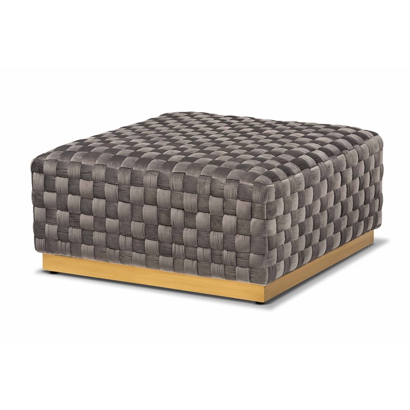 Bowery Hill Gray Velvet Fabric and Gold Finished Square Cocktail Ottoman