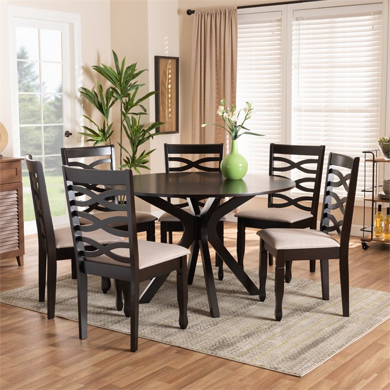 Bowery Hill Sand Fabric Dark Brown Finished Wood 7-Piece Dining Set