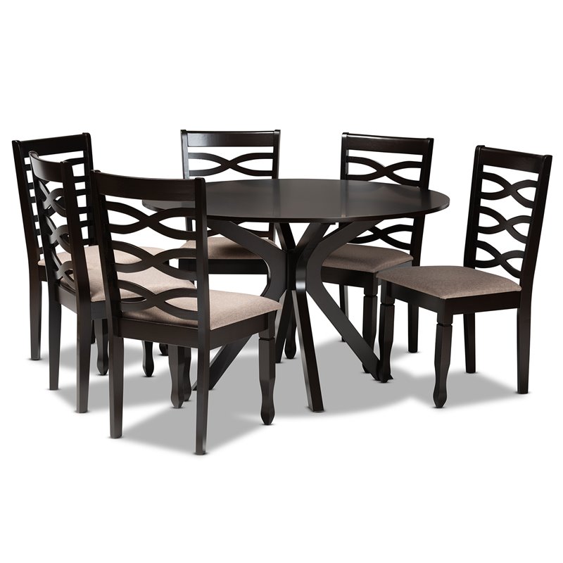 Bowery Hill Sand Fabric Dark Brown Finished Wood 7-Piece Dining Set