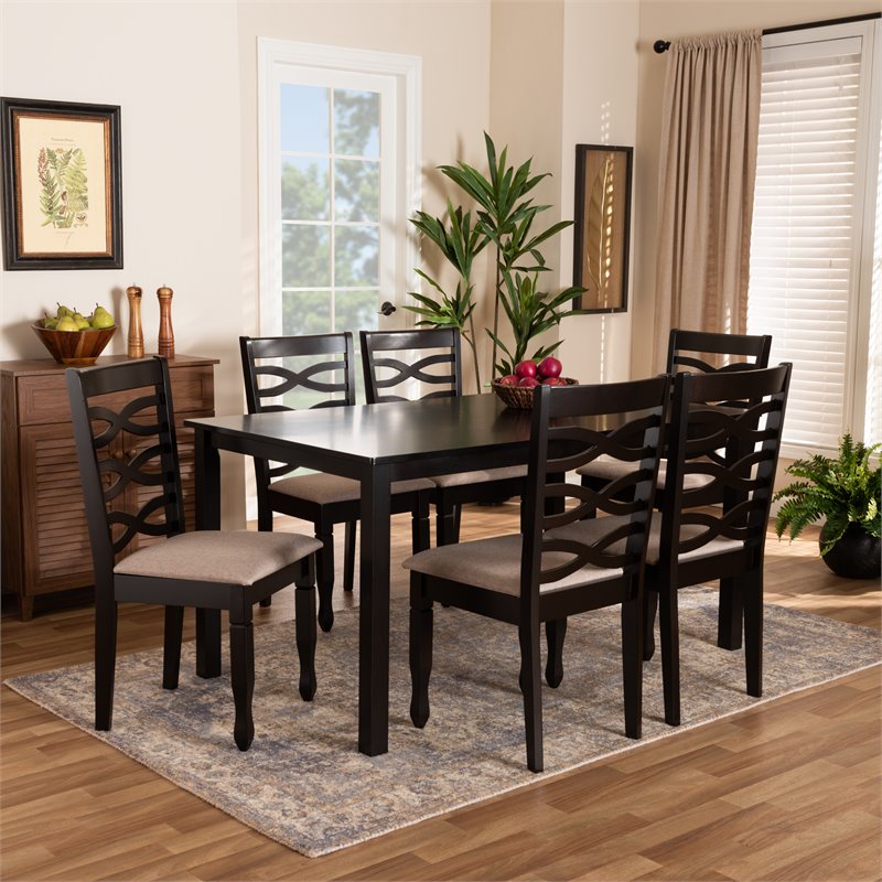 Bowery Hill Sand Fabric Dark Brown Finished Wood 7-Piece Dining Set