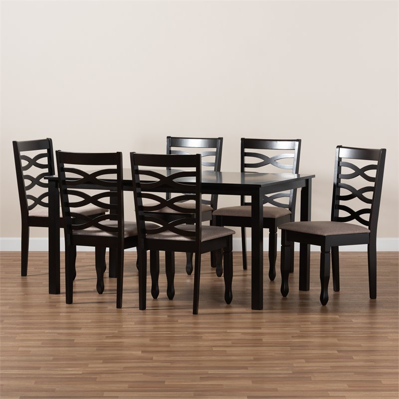 Bowery Hill Sand Fabric Dark Brown Finished Wood 7-Piece Dining Set