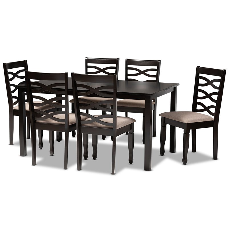 Bowery Hill Sand Fabric Dark Brown Finished Wood 7-Piece Dining Set