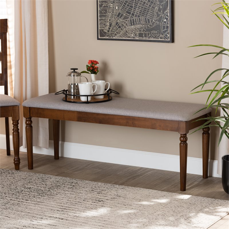 Bowery Hill Modern Grey Upholstered and Walnut Brown Finished Wood Dining Bench