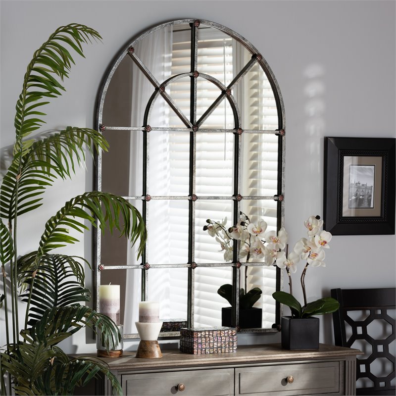 Bowery Hill Farmhouse Silver Finished Arched Window Wall Mirror