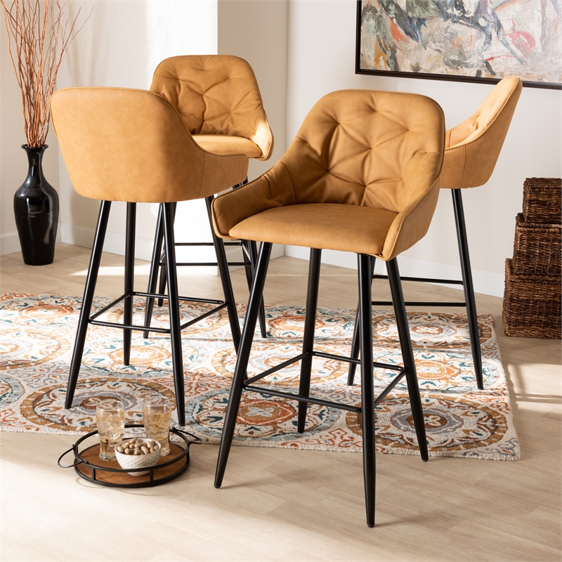 Bowery Hill Leather Upholstered and Black Metal 4-Piece Bar Stool Set