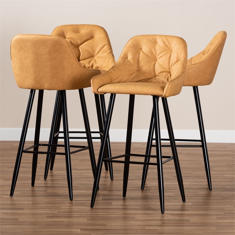 Bowery Hill Leather Upholstered and Black Metal 4-Piece Bar Stool Set