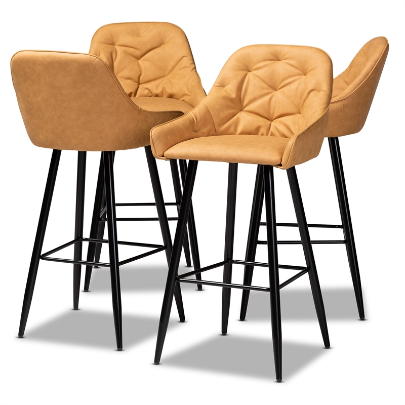 Bowery Hill Leather Upholstered and Black Metal 4-Piece Bar Stool Set