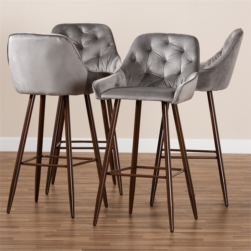 Bowery Hill Grey Velvet Upholstered and Walnut Finished 4-Piece Bar Stool Set