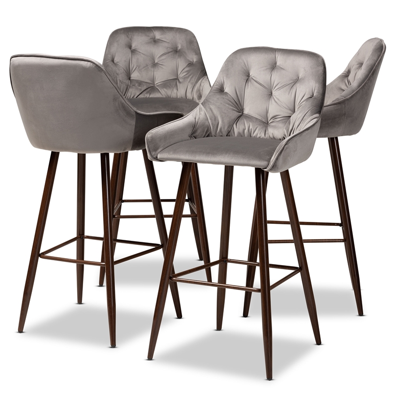Bowery Hill Grey Velvet Upholstered and Walnut Finished 4-Piece Bar Stool Set