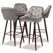 Bowery Hill Grey Velvet Upholstered and Walnut Finished 4-Piece Bar Stool Set
