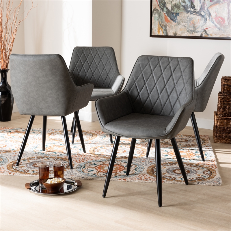 Bowery Hill Grey Leather Upholstered and Black Metal 4-Piece Dining Chair Set
