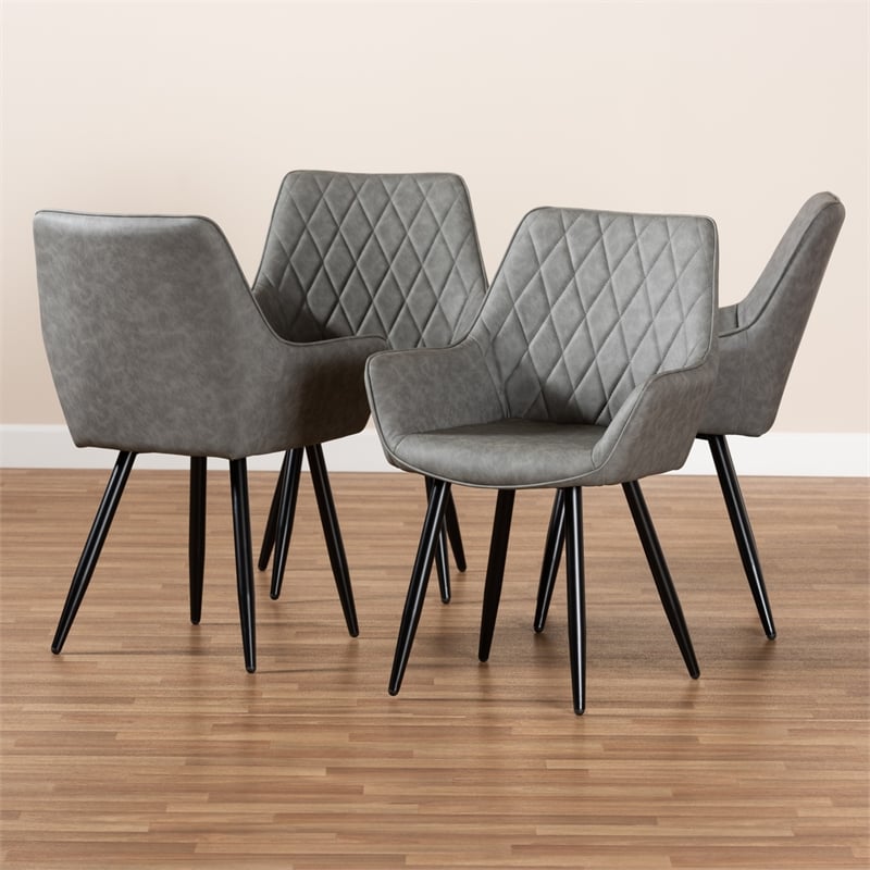 Bowery Hill Grey Leather Upholstered and Black Metal 4-Piece Dining Chair Set