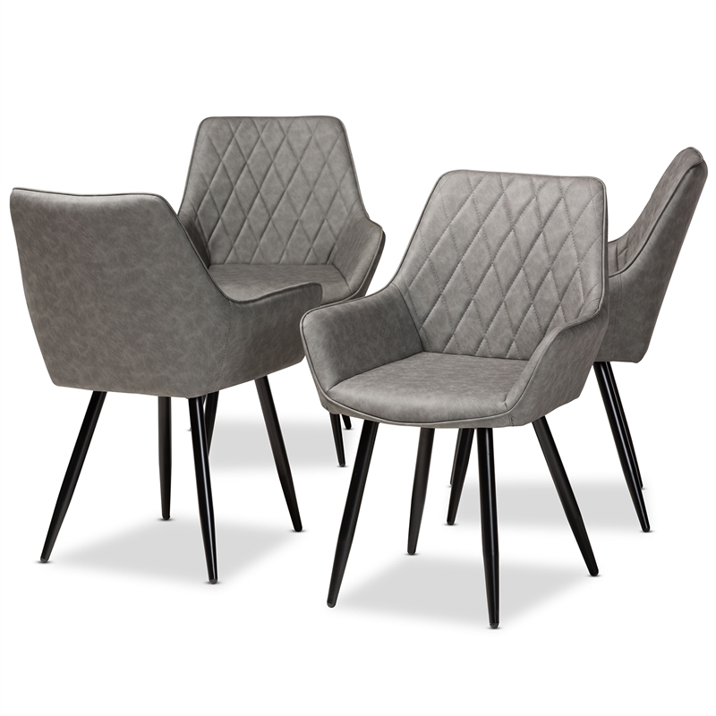Bowery Hill Grey Leather Upholstered and Black Metal 4-Piece Dining Chair Set