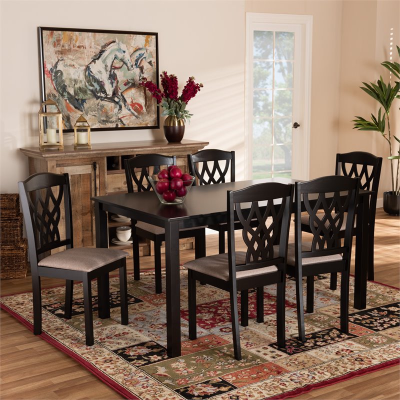 Bowery Hill Sand Upholstered and Brown Finished Wood 7-Piece Dining Set