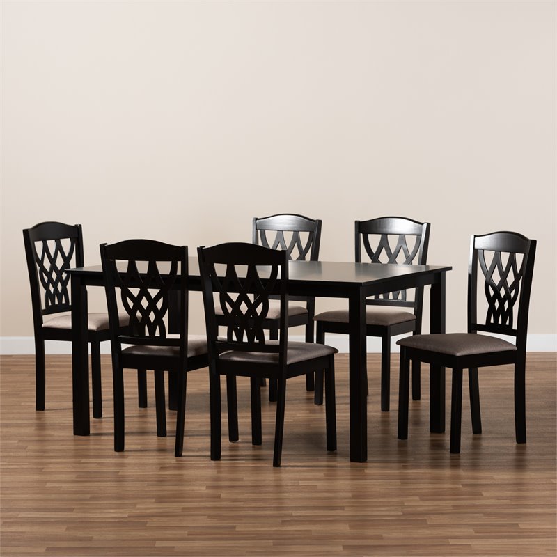 Bowery Hill Sand Upholstered and Brown Finished Wood 7-Piece Dining Set