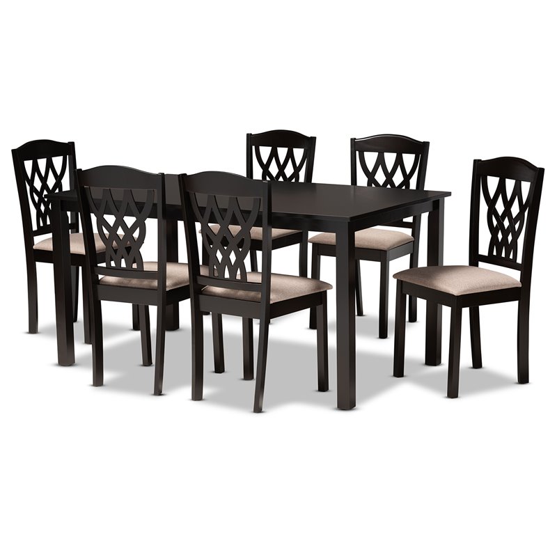 Bowery Hill Sand Upholstered and Brown Finished Wood 7-Piece Dining Set