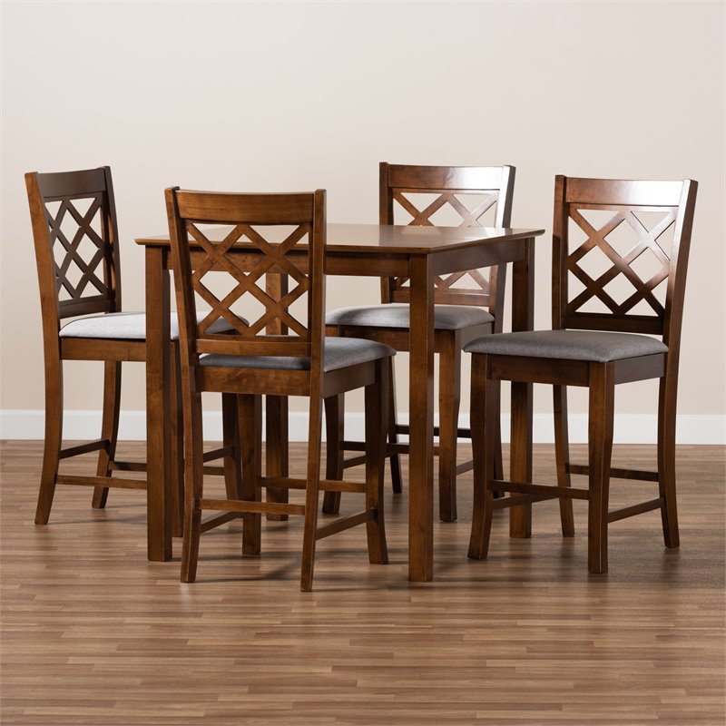 Bowery Hill Grey Fabric Walnut Brown Finished 5-Piece Wood Pub Set