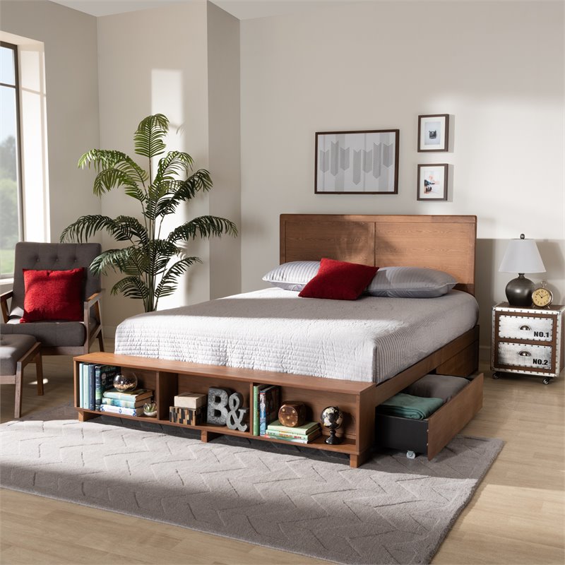 Bowery Hill Brown Wood Queen Size 4-Drawer Platform Storage Bed with Shelves