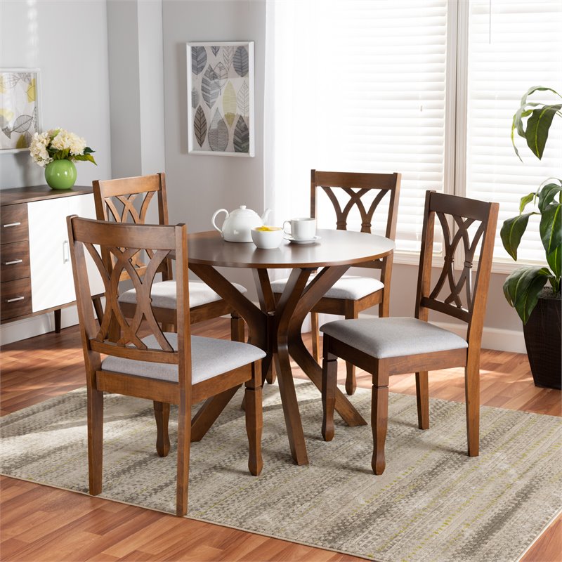 Bowery Hill Upholstered and Walnut Brown Finished Wood 5-Piece Dining Set