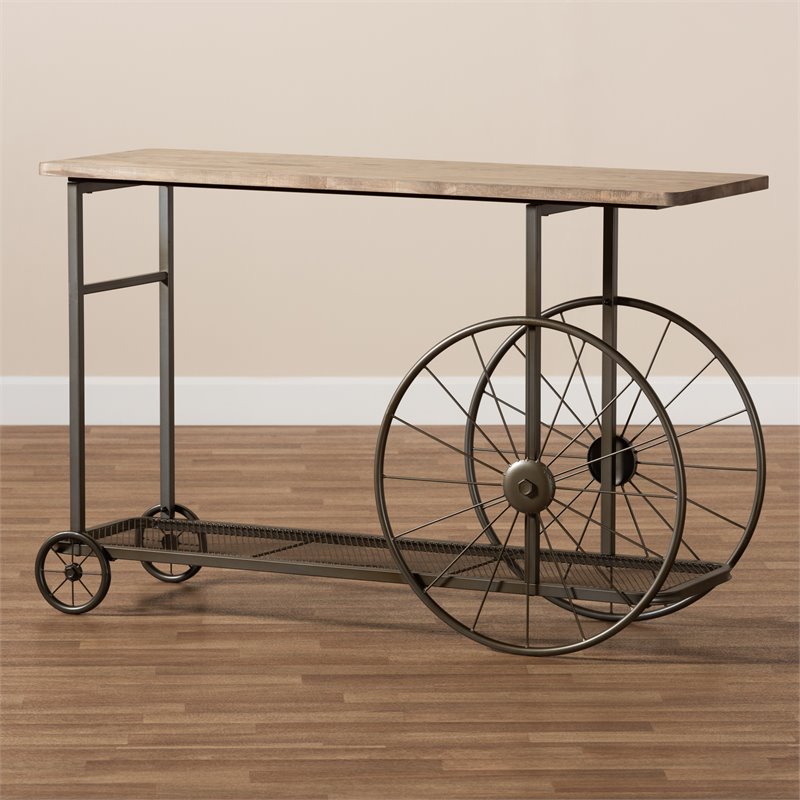 Bowery Hill Natural Finished Wood and Black Finished Metal Wheeled Table