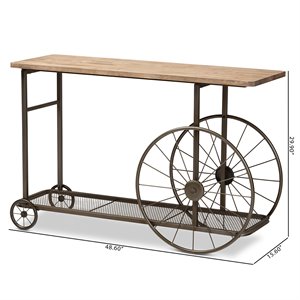 bowery hill natural finished wood and black finished metal wheeled table