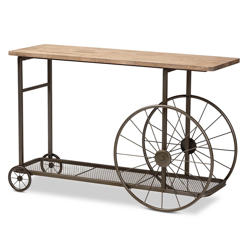 Bowery Hill Natural Finished Wood and Black Finished Metal Wheeled Table