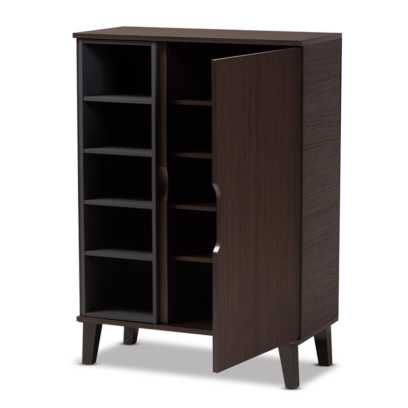 Bowery Hill Two-Tone Dark Brown and Grey Finished Wood 1-Door Shoe Cabinet